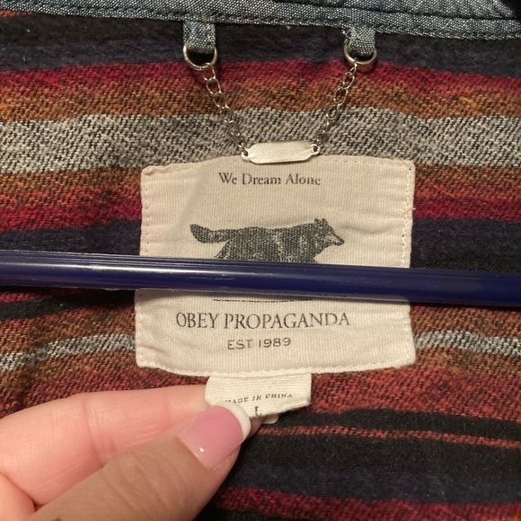 OBEY Propaganda Large Cotton Multicolor Stripped Hooded Jacket - Picture 4 of 7